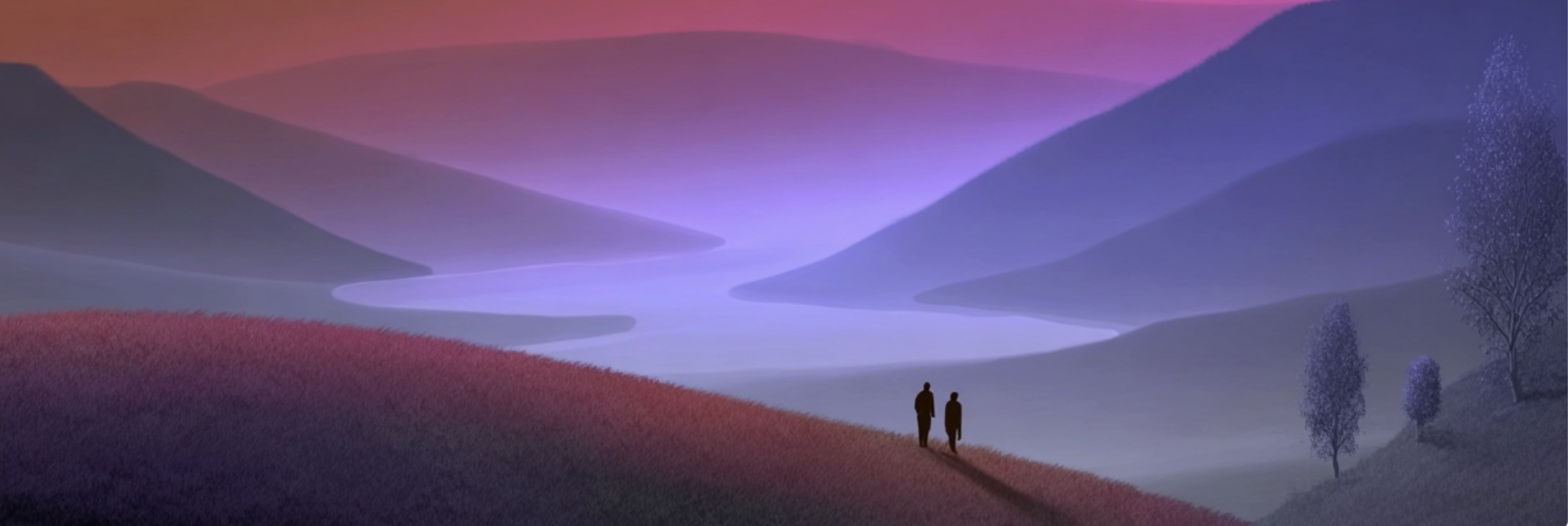 Illustration: two figures in a twilight landscape
