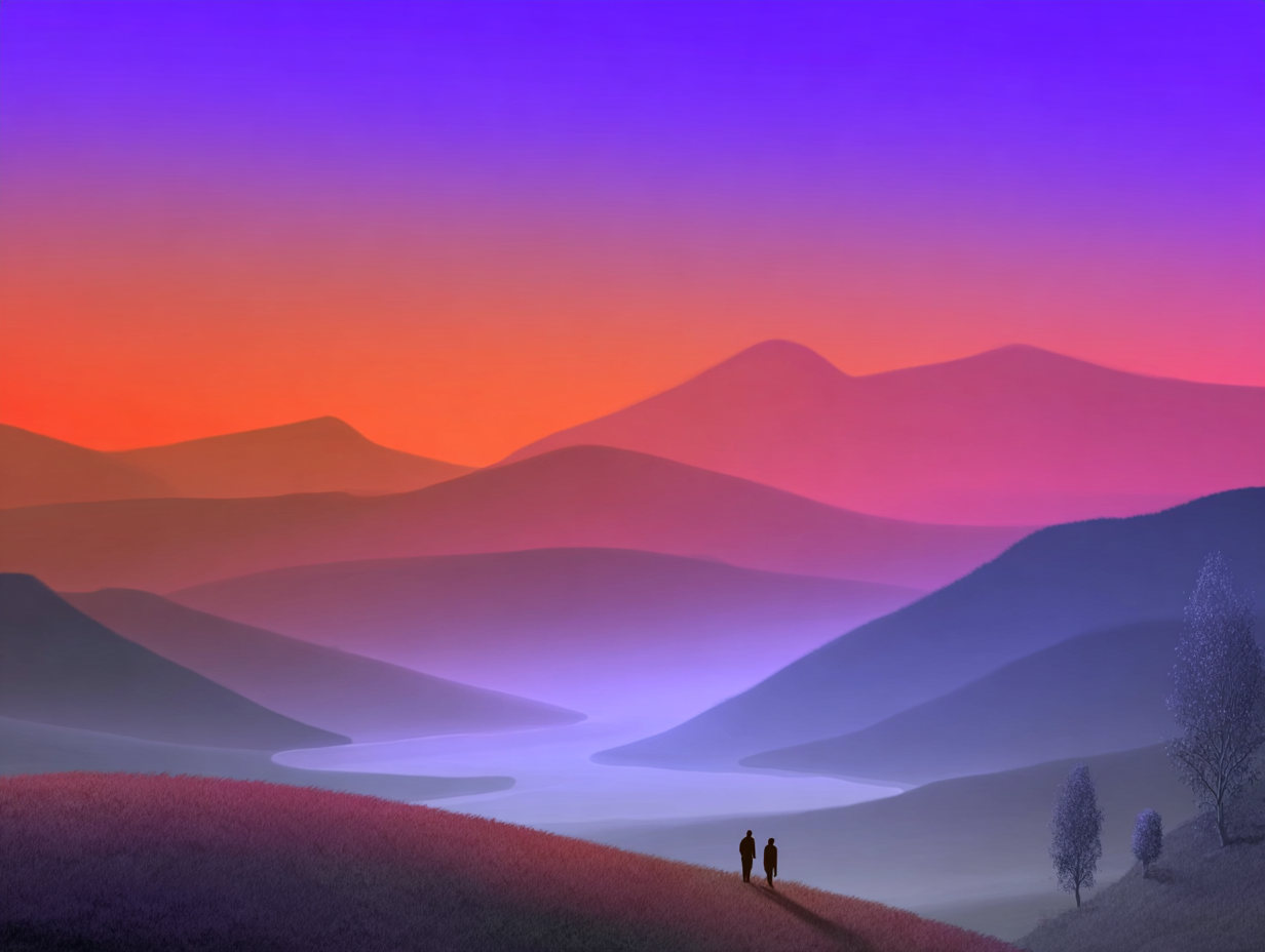 Illustration: two figures in a gradient mountain landscape